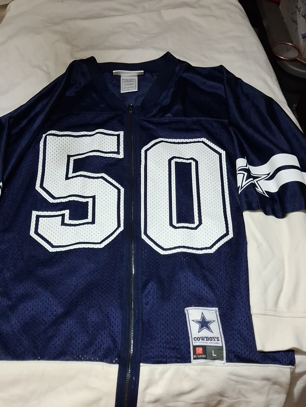 NFL Navy Blue Zip Jersey Jacket with White Number 50 LEE ON BACK MENS L
